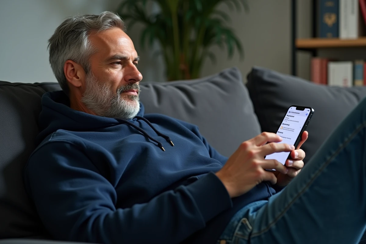 Homme allongé sur un canapé annulant Amazon Prime depuis un smartphone Android dans un salon moderne