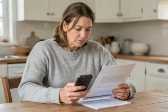 Femme consultant son smartphone et des documents pour résilier un forfait téléphonique après un décès