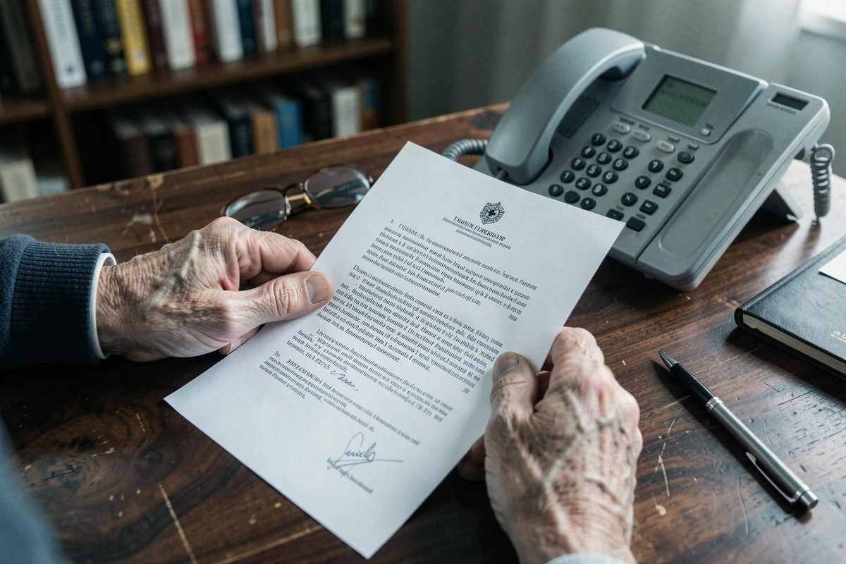 Mains d'une personne âgée tenant un courrier de résiliation de forfait téléphonique lié à un décès