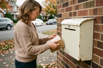 Femme déposant un colis de retour dans une boîte aux lettres résidentielle en brique