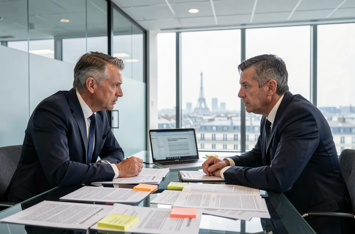 Deux avocats en réunion discutant de stratégie contentieuse autour de l'article 750-1 du Code de procédure civile