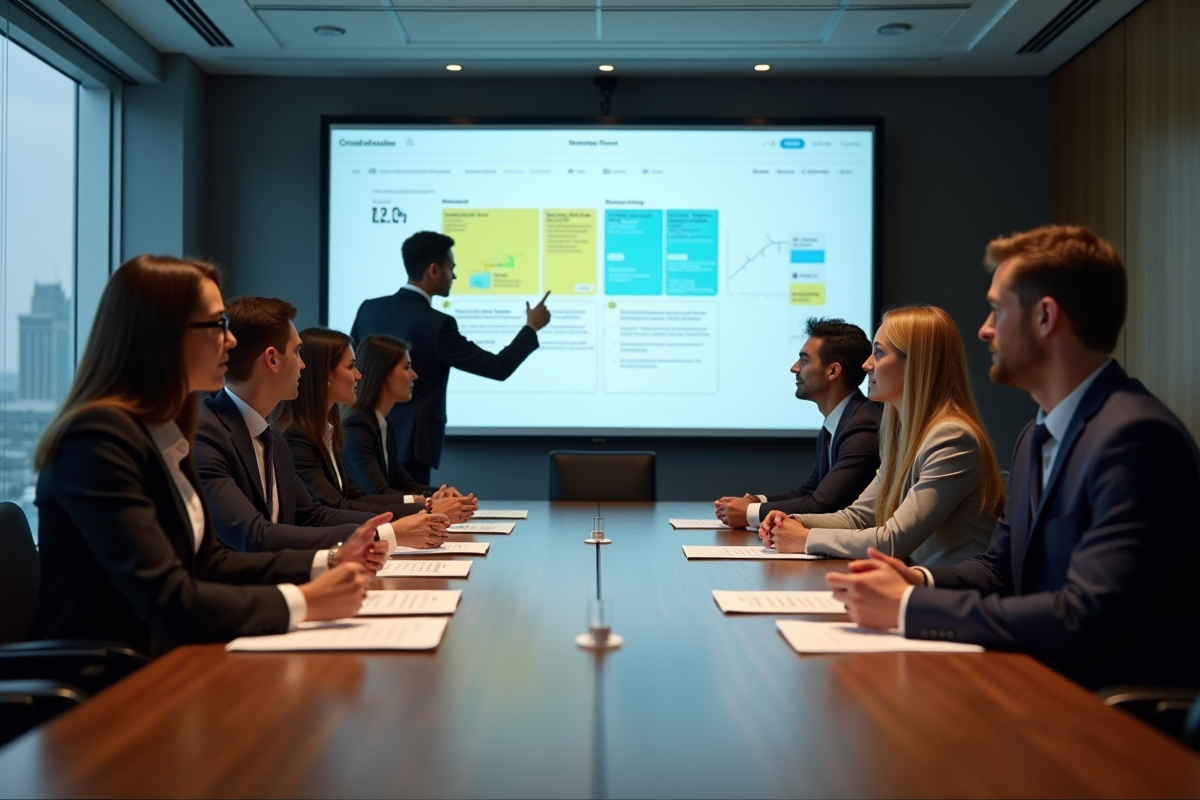 Groupe de professionnels discutant autour d