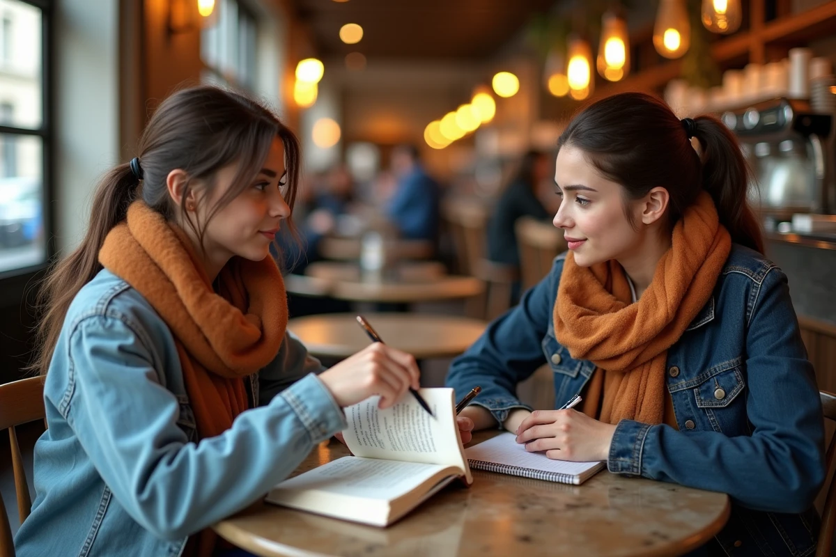 Deux jeunes femmes révisant les règles d'accord du français autour d'un manuel dans un café parisien