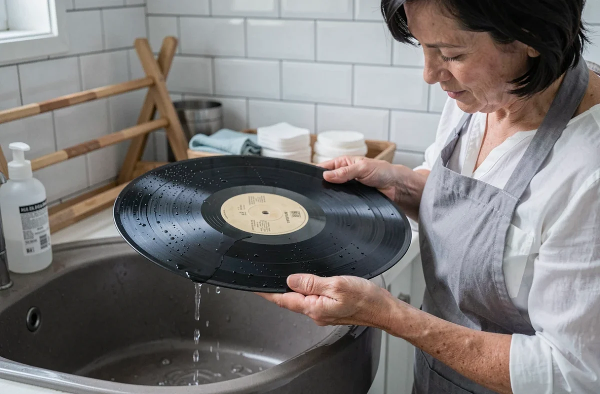 Femme rinçant un 78 tours sous l'eau distillée dans un évier en céramique
