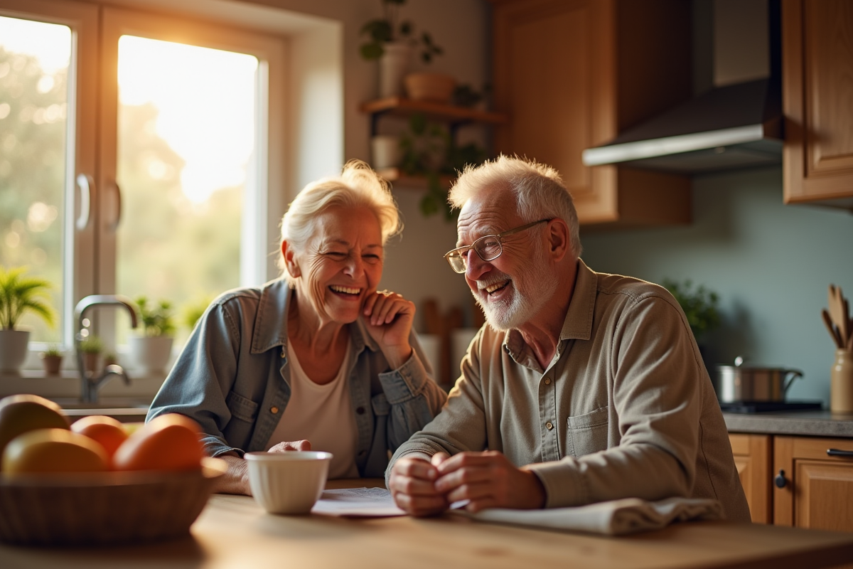 Couple âgé riant dans leur cuisine ensoleillée