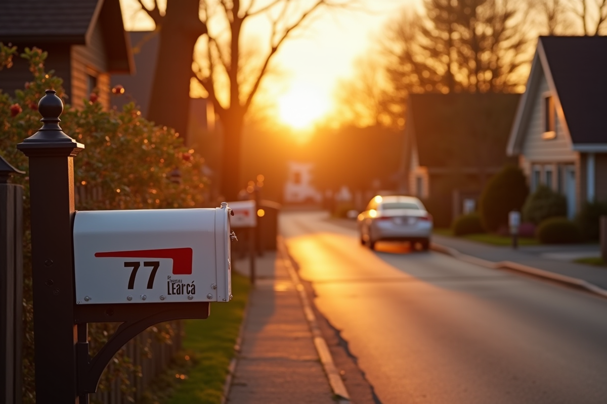 Rue résidentielle du Quebec en lumière dorée avec boîtes aux lettres