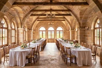 Salle de réception élégante dans un château de Nouvelle-Aquitaine, décorée pour un banquet de mariage avec tables dressées et vue sur les vignes