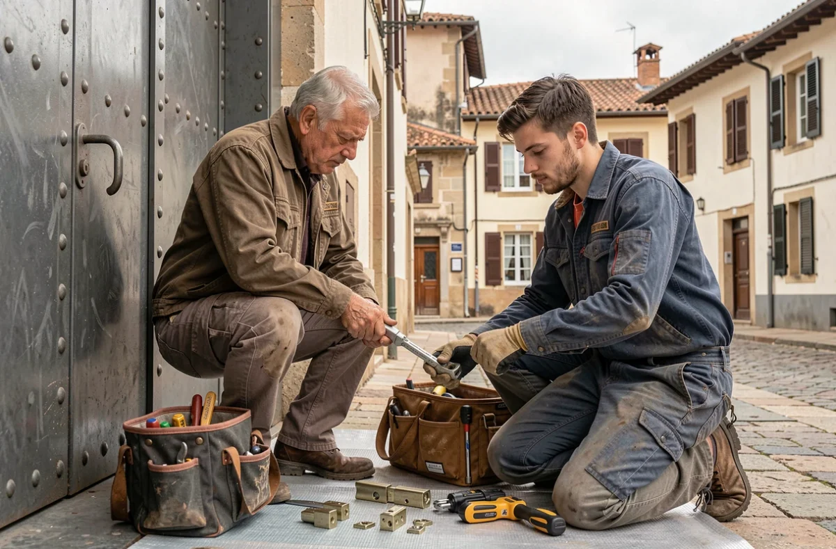 Serrurier Esteban et Fils, père et fils travaillant ensemble sur une porte sécurisée à Bayonne