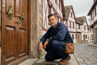 Serrurier professionnel intervenant devant une porte traditionnelle basque dans les Pyrénées-Atlantiques