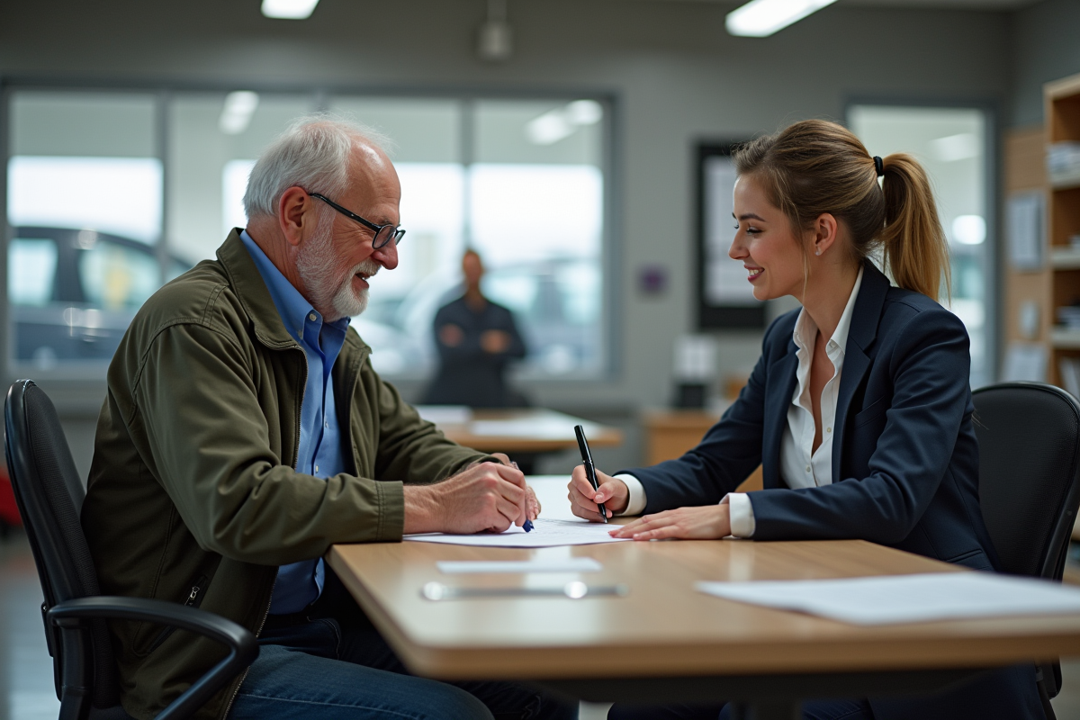 Homme âgé signant des papiers dans un bureau auto salvage avec une employée