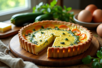 Quiche zucchini fraîche tranchée sur une table en bois avec ingrédients