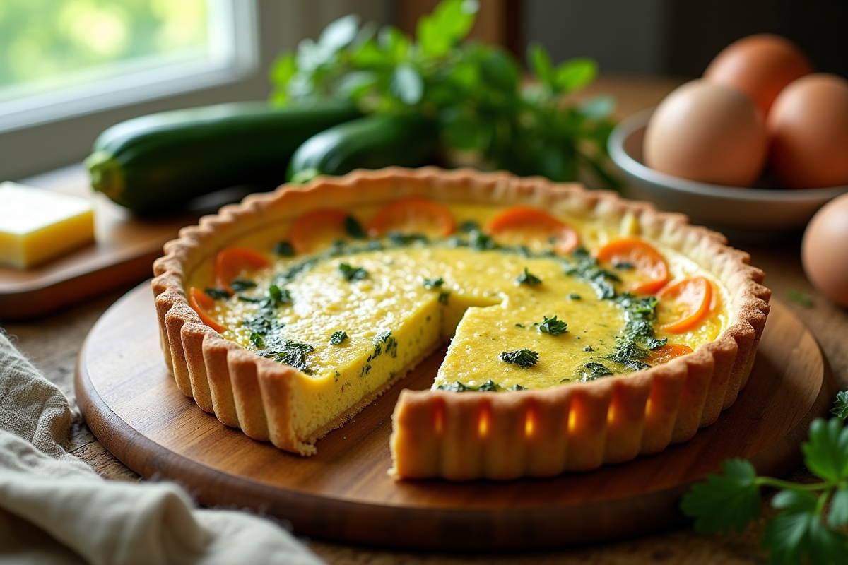 Quiche zucchini fraîche tranchée sur une table en bois avec ingrédients