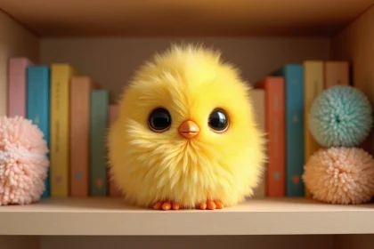 Peluche Tchoupie jaune moelleux posée sur une étagère en bois entourée de livres pour enfants