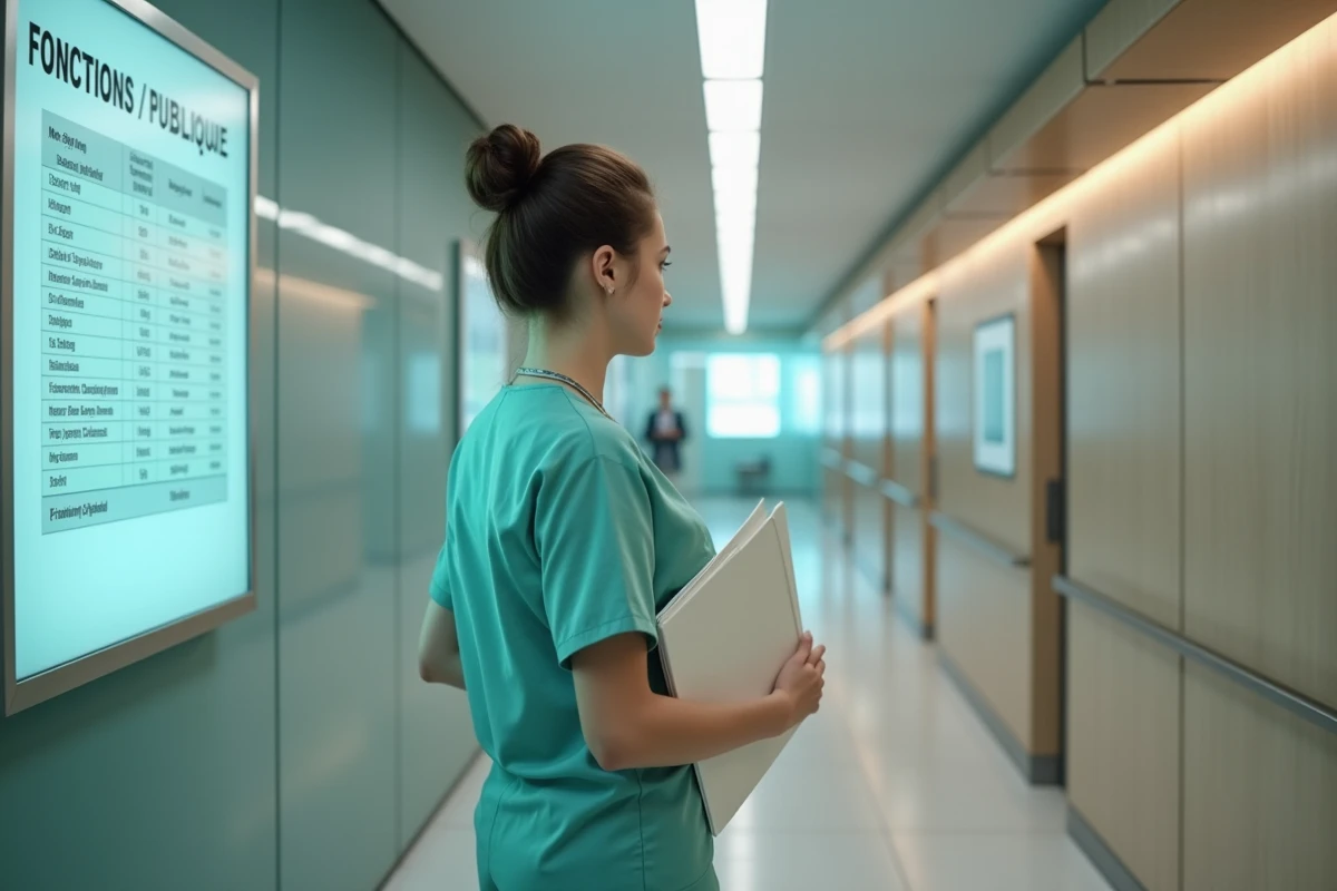 Jeune technicienne hospitalière dans un couloir moderne avec dossier
