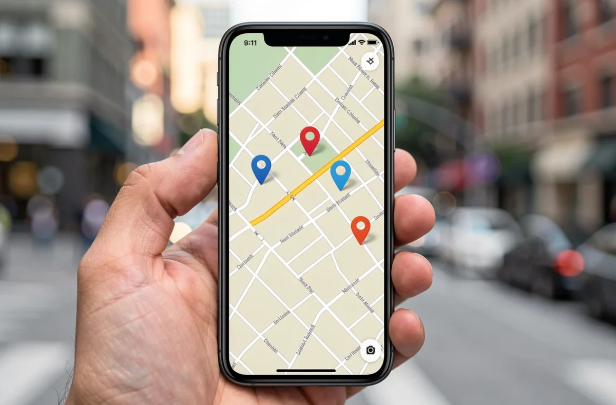 Téléphone affichant une carte avec plusieurs repères de lieux