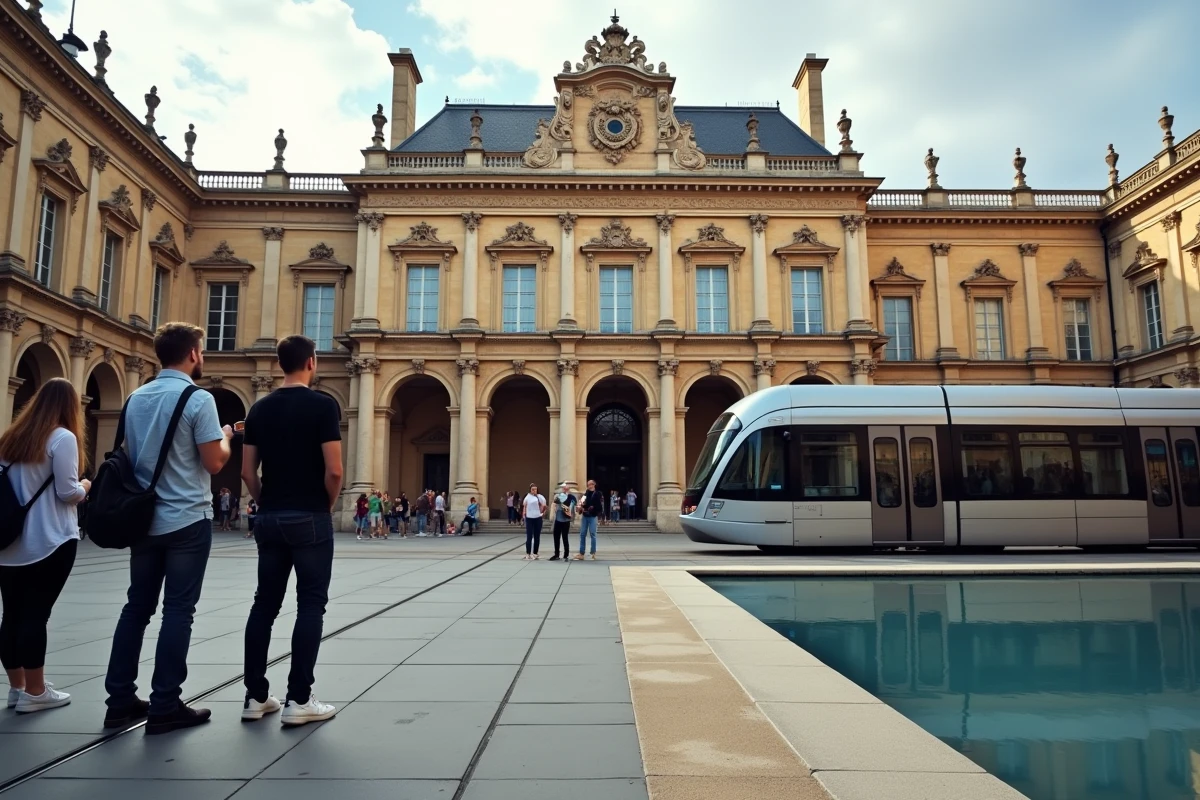 Tramway de Bordeaux passant devant la Place de la Bourse avec des touristes photographiant le monument emblématique