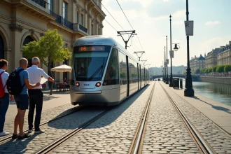 Tramway de Bordeaux longeant les quais avec vue sur la Garonne et les façades historiques, avec des touristes en attente à l'arrêt