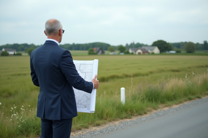 Urbaniste en plein champ avec carte pour projet urbain