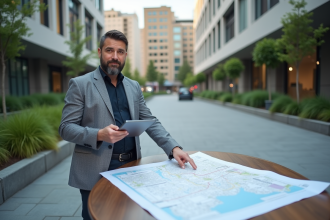 Urbaniste urbain pointant un plan dans une place