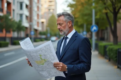 Urbaniste en costume bleu étudiant une carte de zonage en extérieur