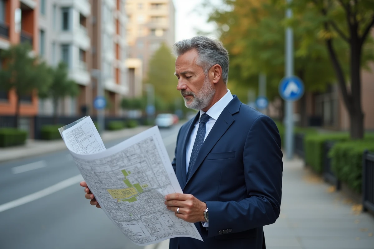 Urbaniste en costume bleu étudiant une carte de zonage en extérieur