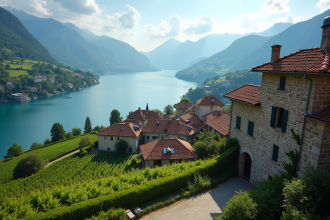 Village en pierre avec toits en tuiles au bord du lac Geneve