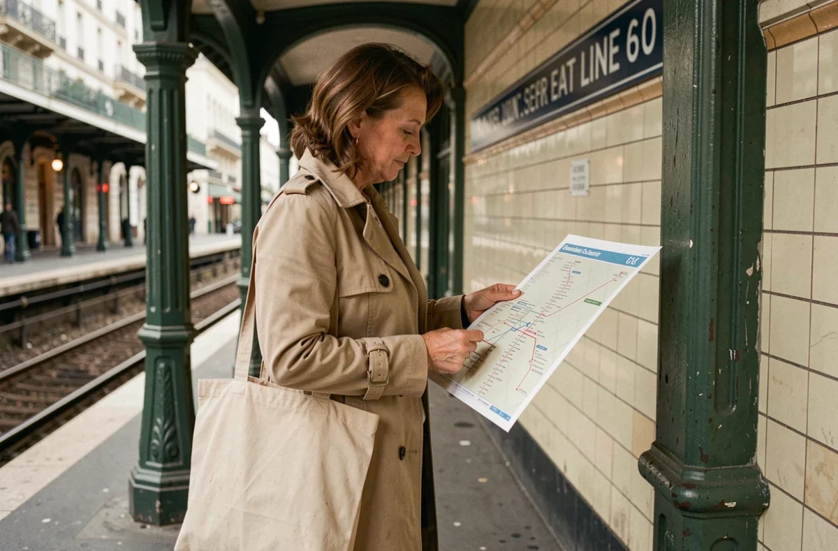 Voyageuse consultant le plan de la ligne 6 du métro parisien sur un quai aérien avec architecture ancienne en fonte verte