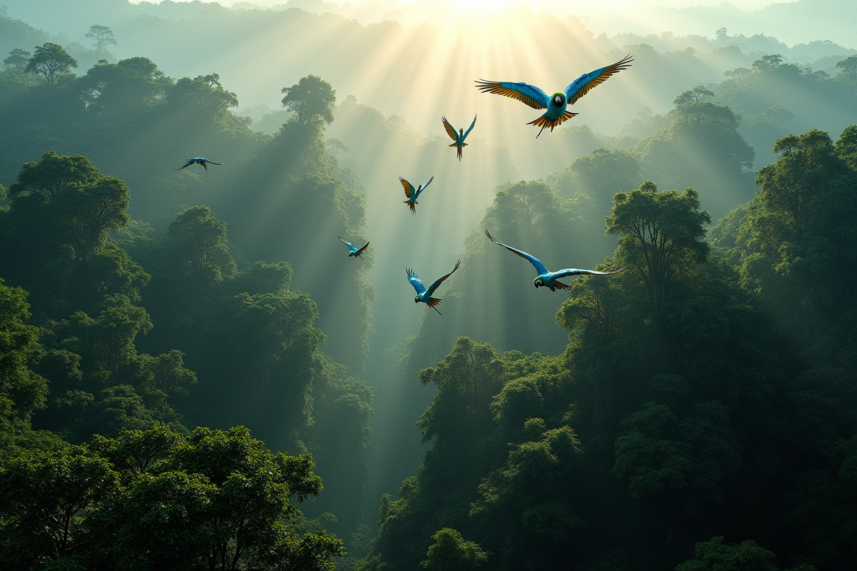 Vue aérienne de la forêt amazonienne avec aras bleus